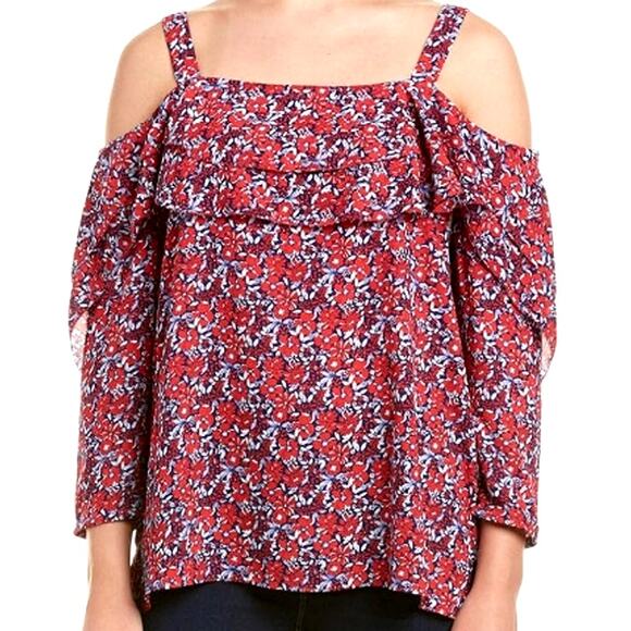 NYDJ Women Double Ruffle Flutter Off Cold Shoulder Peasant Blouse Red Navy XL-2X - Picture 1 of 8